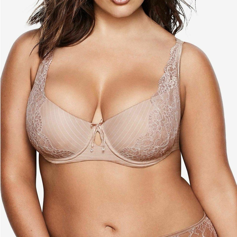 Ashley Graham Basic Diva Lace-Trim Keyhole Bra 401456 Beige Size 44DD